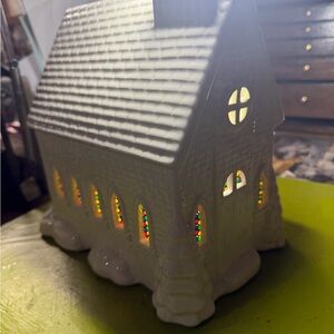 VTG Ceramic Church with faux Stained Glass Windows